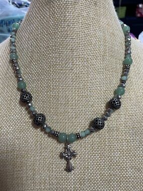 Artisan Green Aventurine and Glass Cross Pendant Necklace